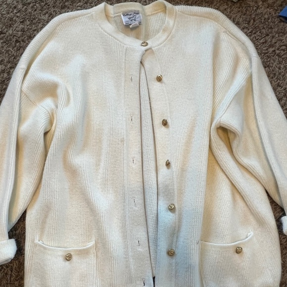 Vintage College Point 100% acrylic cream knit sweater gold buttons size large - Picture 1 of 6